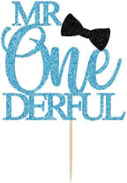 Mr Onederful Boy 1st Birthday Cake Topper, Baby Boy One Year Old Birthday Party Decor, Blue Glitter
