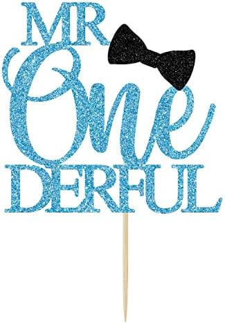 Mr Onederful Boy 1st Birthday Cake Topper, Baby Boy One Year Old Birthday Party Decor, Blue Glitter