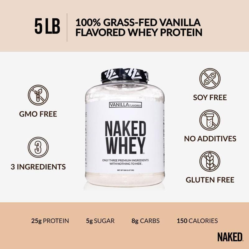 NAKED Vanilla Whey Protein Powder - All Natural Grass Fed Whey Protein Powder, Vanilla Flavor, Organic Coconut Sugar, 5Lb Bulk, GMO-Free, Soy Free, Gluten Free - 61 Servings