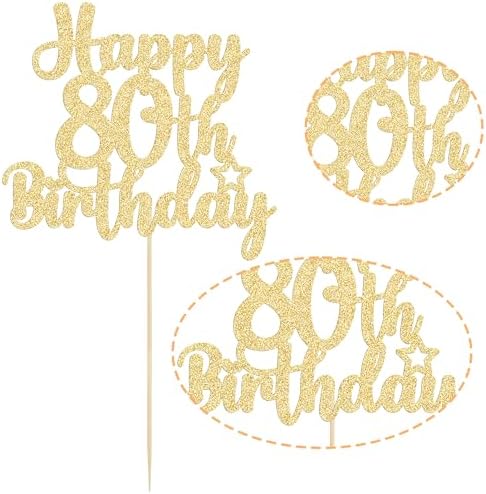 Gyufise 1Pc Happy 80th Birthday Cake Topper Glitter Cheers to 80 Years Old Birthday Cake Pick for Happy 80th Birthday Anniversary Party Cake Decorations Supplies Gold
