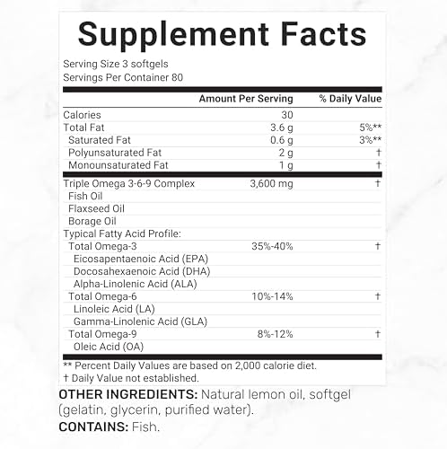 Triple Omega 3-6-9 Fish Oil Supplements 3,600mg – 240 Softgels with Flaxseed Oil & Borage Oils Complex – High EPA + DHA – Burpless Pills, Lemon Flavored, Wild Caught – Heart, Joint, & Brain Support