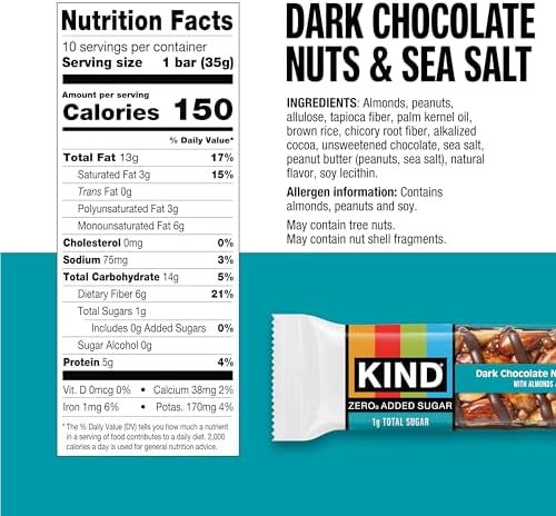 Kind Zero Added Sugar Healthy Snacks Bars, Dark Chocolate Nuts & Sea Salt, Gluten Free, High Fiber, Keto Snacks, 5g Protein, 10 Count