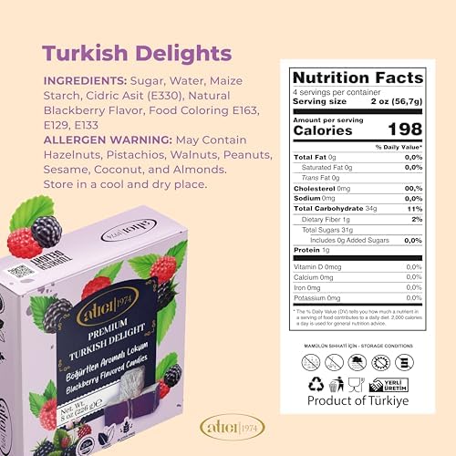 Atici Lokum Authentic Turkish Delight 8oz – Gourmet Vegan Sweets, Gluten-Free, Halal Soft Chewy Candy Gift Box | Traditional Premium Lokum Loukoumi Imported from Turkey (Blackberry Flavored Candies)