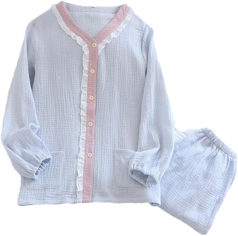 Women's Cotton Lace V-Neck Solid Pajamas Loose Long Sleeve Trouser Suits Home Clothes 2 Piece Set