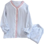 Women's Cotton Lace V-Neck Solid Pajamas Loose Long Sleeve Trouser Suits Home Clothes 2 Piece Set