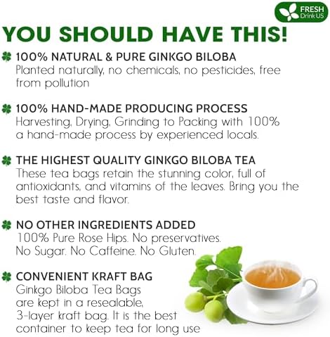 FreshDrinkUS, Premium 75 Ginkgo Biloba Leaf Tea Bags, 100% Natural & Pure from Ginkgo Biloba Leaves. Loose Leaf Herbal Tea. Made with Eco-Conscious Tea Bags. No Sugar, No Caffeine, No Gluten, Vegan.