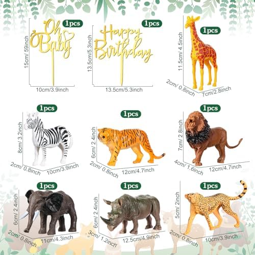 Tallew 42 Pcs Safari Jungle Animal Cake Toppers Wild One Zebra Lion Giraffe Elephant Tiger Palm Leaves Cake Decorations for Wild Zoo Birthday Party Supplies