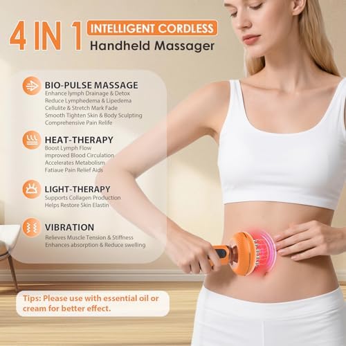 4-in-1 Body Sculpting Machine - Heated Handheld Lymphatic Drainage Massager with redlight & Vibration & Heat for lymphedema lipedema - Anit Cellulite Massage Tool Help Reduce Stretch Marks & Cellulite