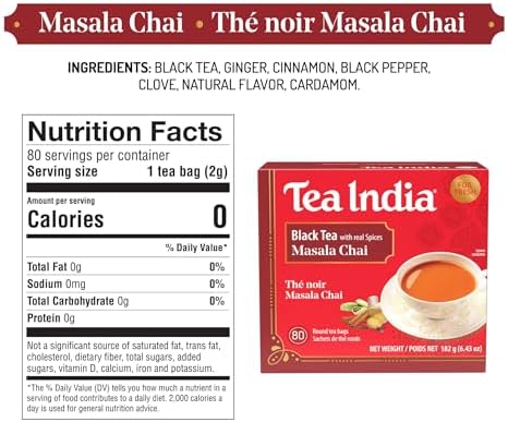Tea India Masala Chai Tea Flavorful Blend Of Black Tea & Natural Ingredients Strong Full-Bodied Traditional Indian Caffeinated Tea 80 Round Teabags