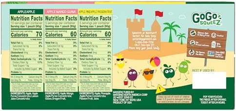 GoGo squeeZ Applesauce and Fruit Puree Variety Pack, Apple, Mango Guava & Pineapple Passionfruit, 3.2 oz (Pack of 20), Unsweetened Fruit Snacks for Kids, No Gluten, Nut & Dairy, BPA Free Pouches