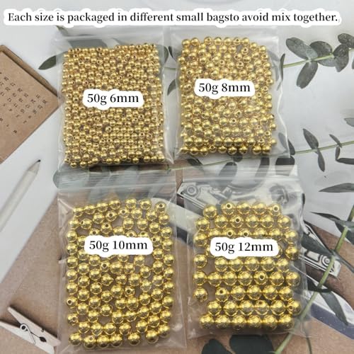 200g Pearl Beads 6mm 8mm 10mm 12mm Pearl Craft Beads Pearls Round Bulk Pearls for Bracelet Necklace Jewelry Making DIY Sewing Crafts Home Decoration Vase Filler(Gold)