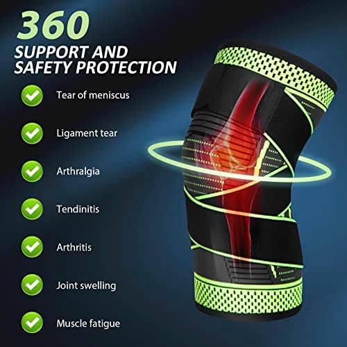 Adjustable Knee Support Brace 1 pack Compression Knee Sleeves for Men Women Use for Meniscus Tear, Arthritis, Tendinitis, Ligament Injury,Weight Lifting, Anti Slip Knee Brace (Green, Medium)