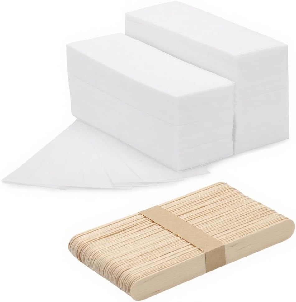 200 Pcs Large Non Woven Wax Strips and 50 Pcs Wooden Wax Sticks Kit, Body and Facial Hair Removal Waxing Strips Soft Waxing Paper Sheets