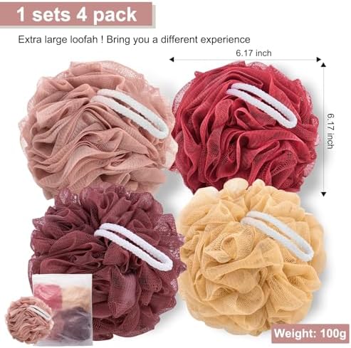 MTDLYICE Loofah Sponge XXL-100g 4 Pack, Bath Sponge Soft Mesh Shower Puff Loofah for Men, Exfoliating Body Scrubber for Women, Shower Accessories (Cherry Red)