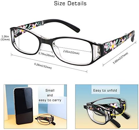 VisionGlobal 3 Pair Reading Glasses Foldable Readers with Blue Light Blocking lens Compact Folding Glasses for Women Reading Case Included (Black, +2.00 Magnification)