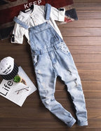 Men's Light Blue Slim Snow Washed Denim Bib Overalls