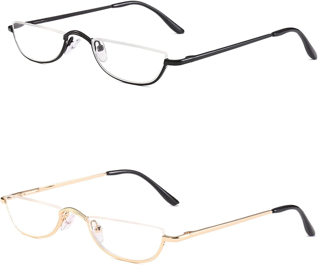 REAVEE 2 Pack Retro Designer Half Moon Reading Glasses for Women Men Spring Hinge Half Frame Readers Stylish Slim Eyeglasses with Pouch, Gold and Gun Grey 1.5