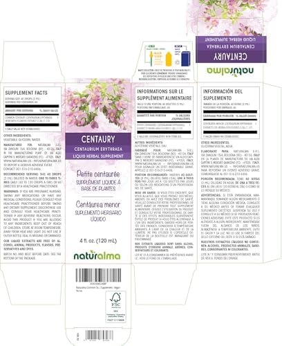 Naturalma Common Centaury or European Centaury (Centaurium erythraea) herb with Flowers Alcohol-Free Tincture - 4 fl oz Liquid Extract in Drops - Herbal Supplement - Vegan
