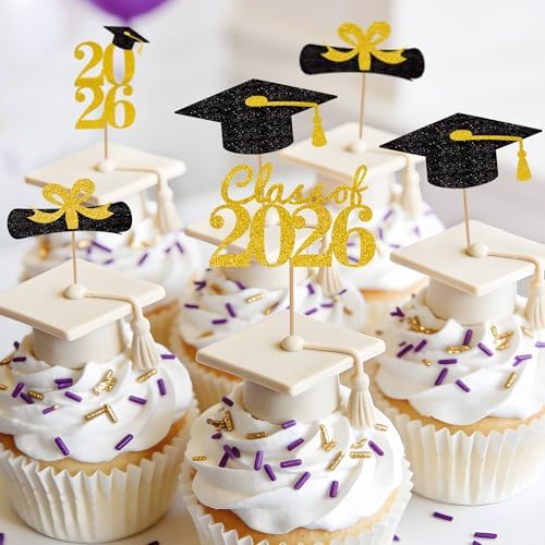 Graduation Cupcake Toppers 2026, Graduation Decorations 2026 Graduation Cake Topper, Glitter Grad Cap Diploma Food Appetizer Picks For Graduation Theme Party Cake Decorations Supplies, 24 Pack, Gold