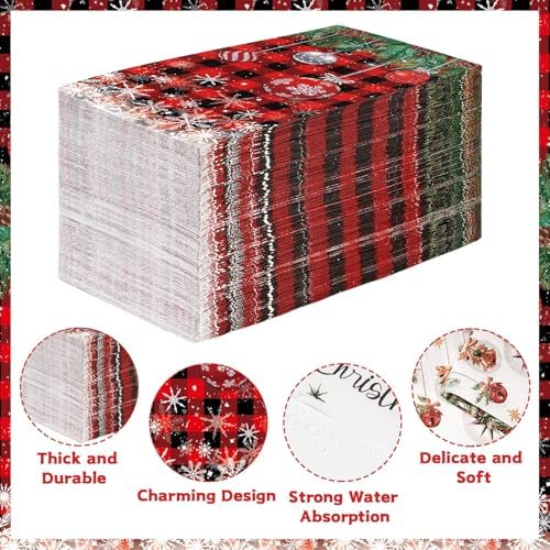 100Pcs Red Buffalo Plaid Snowflake Napkins 3 Ply Disposable Absorbent Red Black Checkered Hand Towels Pine Tree Red Ball Guest Napkins for Christmas Winter Holiday Supplies
