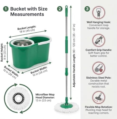 Spin Mop & Bucket Set with 2 Microfiber Mop Heads | 360° Rotating Spin Mop for Floor Cleaning, Stainless Steel Telescopic Handle 90-120cm,Compact Easy-Clean Bucket Household & Kitchen Essentials