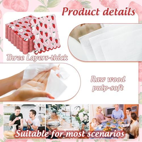 50Pcs Strawberry Paper Napkins Pink Red Summer Fruit Scalloped Disposable Napkin Sweet Decorative Luncheon Dinner Table Napkins for Birthday Baby Shower Wedding Party Supplies