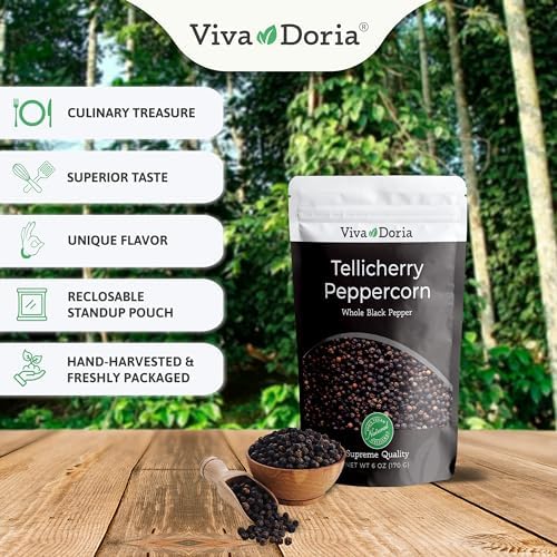 Viva Doria Tellicherry Peppercorn, Whole Black Pepper, Steam Sterilized Black Peppercorns, 6 Oz, For Grinder Refill