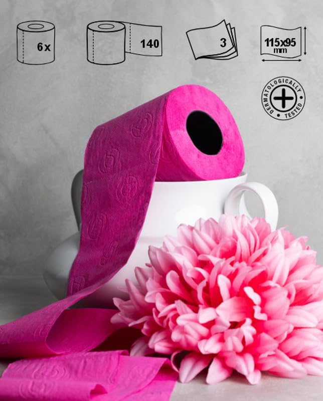 Renova Pink Toilet Paper 3-Ply -Ideal for Decorating Your Home or Office - Pack of 6 Compact Rolls- 140 Sheets - Eco-label Certified - Dermatologically Tested - Septic Safe - Sustainable & Soft