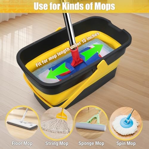 Collapsible Mop Bucket for Cleaning with Handle, Silicone Square Wash Bucket for Windows Cleaning Car Washing,Cleaning Supplies Organizer Plastic Water Bucket for Storage Household use, 3-Gallon