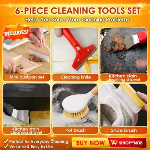 Broom and Dustpan Set with Long Handle, Upright Standing Self-Cleaning Combo, Windproof Dustpan with 6 Bonus Cleaning Tools for Pet Hair, Home, Kitchen, Garage & Apartment