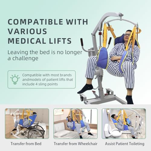 Size L Full Body Patient Lift Sling, Toileting Transfer Slings, Head and Back Support, Split Legs with Commode Opening, 5 Handles, 6 Straps, Lifting Sling Compatible with Various of Lifts
