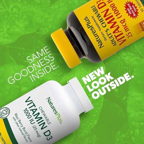 NaturesPlus Vitamin D3 (1000 IU) - 90 Chewable Tablets, Maui Berry Burst Flavor - Vegetarian, Gluten Free - 90 Servings