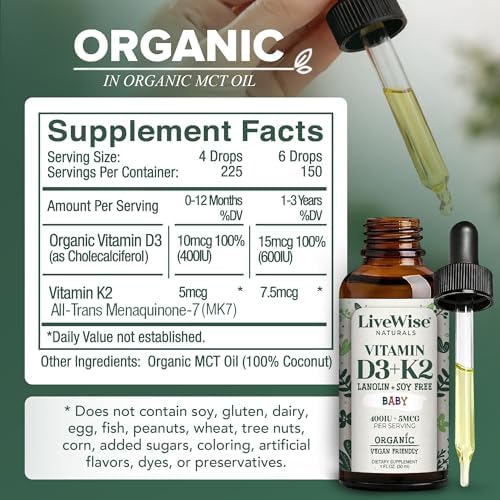 Live Wise Naturals Organic Vitamin D3 K2 Liquid Drops for Babies, Concentrated Formulation, 225 Servings, (MK-7), Micro-Dose Dropper, Gentle Daily Supplementation, Early Development, Precise Dosing