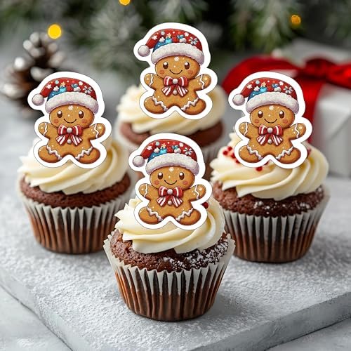 50 PCS Edible Gingerbread Man Cupcake Toppers Wafer Paper Merry Christmas Cake Toppers Gingerbread Man Party Decorations for Christmas Theme Baby Shower New Year Holiday Party Decorations Supplies
