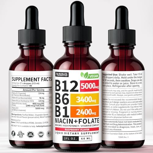 (2 Pack) Vitamin B12 and B6 Liquid Drops, B12 Sublingual Vitamin B Complex - B 12 Vitamin 5000mcg - B12 Methylcobalamin for Energy, Brain, and Heart Support with 27,200 mcg, Raspberry, 80 Servings