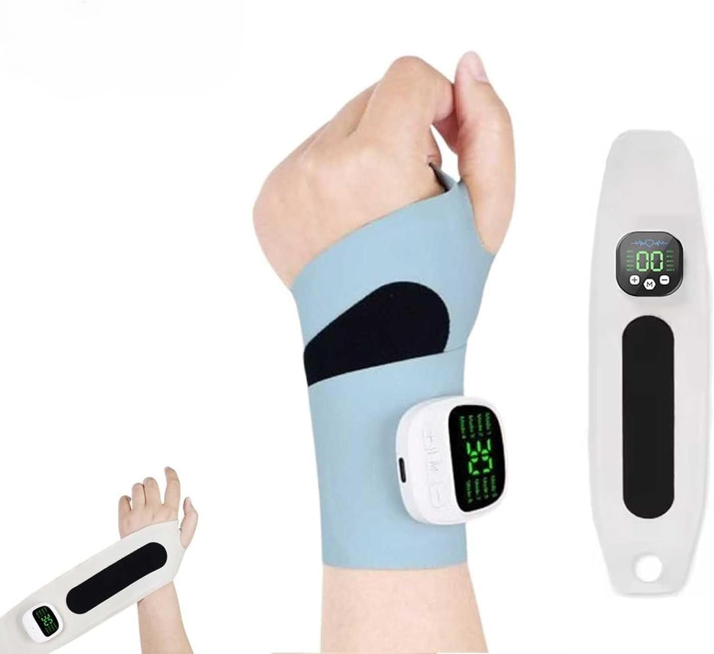 Rechargeable Adjustable Electric Wrist Massager, Portable Cordless Hand Heating Pad with 8 Modes, 30 Intensity Levels, Wrist Massage Machine Wearable Hand Heating Pad for Daily & Sports (Blue)