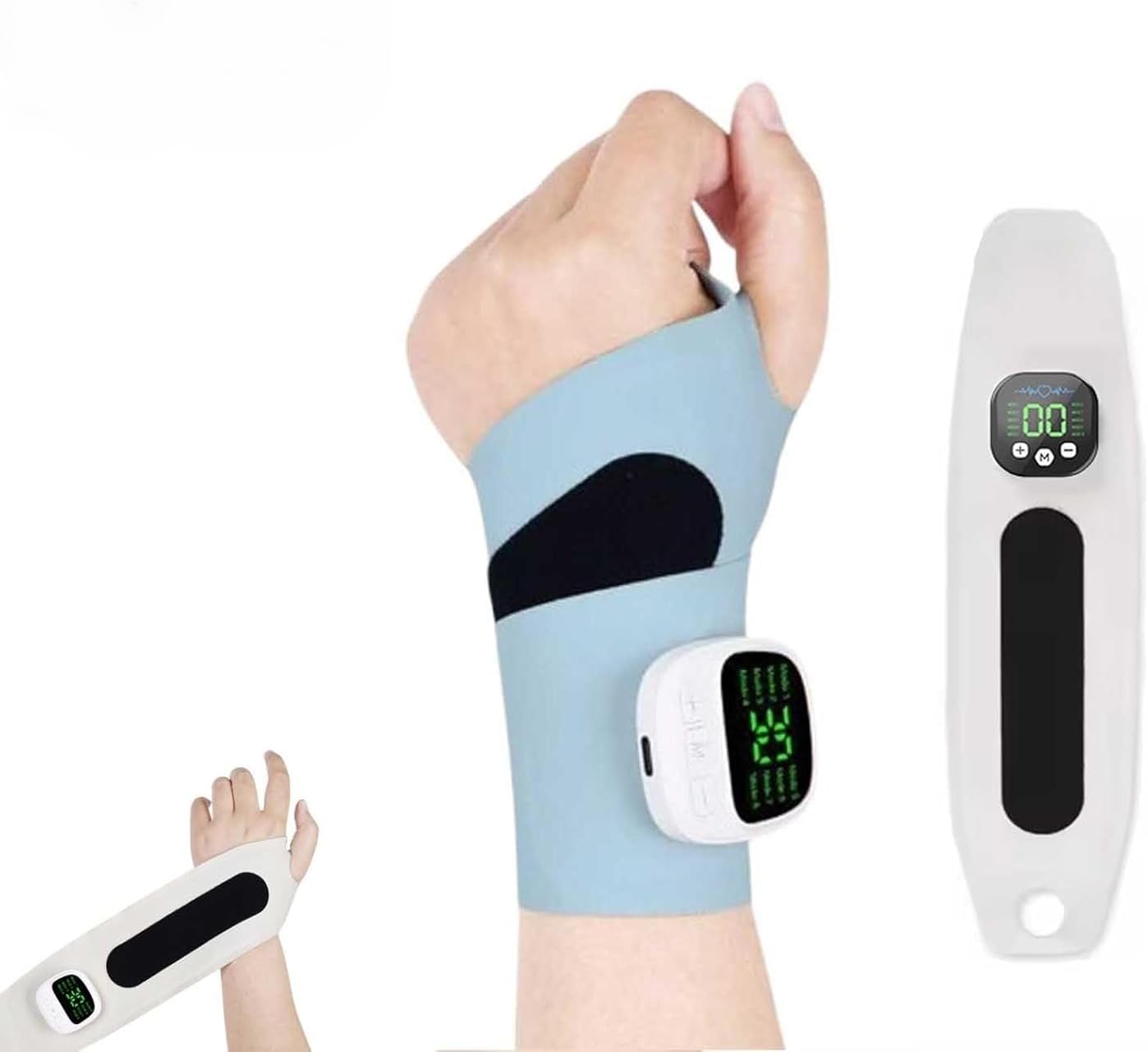 Rechargeable Adjustable Electric Wrist Massager, Portable Cordless Hand Heating Pad with 8 Modes, 30 Intensity Levels, Wrist Massage Machine Wearable Hand Heating Pad for Daily & Sports (Blue)