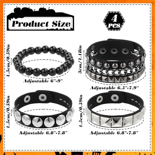 Vin Beauty 4 Pcs Leather Studded Bracelets for Men Women, Punk Leather Rock Studded Bracelets Emo Punk Rock Leathers Goth Jewelry for Vintage Outfits