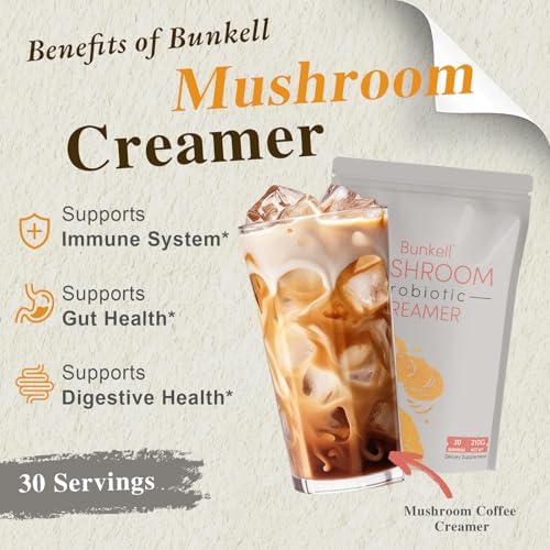 Bunkell Mushroom Coffee Creamer, Adaptogenic 6 Mushrooms with Lion's Mane, Reishi, Cordyceps, Shiitake, King Trumpet, Turkey Tail, Probiotics Creamer for Energy, Focus & Digestion Support, 30 Servings