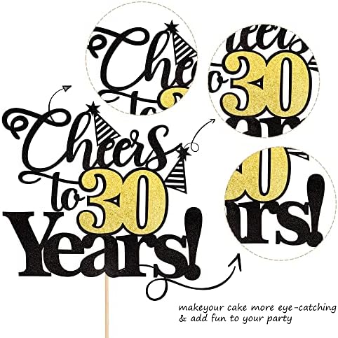Rsstarxi 1 Pack Cheers to 30 Years Cake Topper Black Glitter Thirty Years Old 30th Birthday Cake Pick Decorations for 30th Birthday Wedding Anniversary Party Supplies