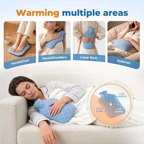Hot Water Bottle with Soft Cover, 2L Hot Water Bag, Hot and Cold Therapies for Sore Muscles, Menstrual Cramps, Neck and Shoulder Pain Relief, Great for Women, Childs, Blue