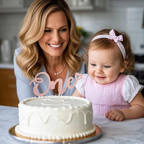 ALISSAR Glitter Double Sided Rose Gold One Cake Topper for 1st Birthday, Cake Topper for 1st Birthday Boy and Gilr, First Anniversary(Double Sided Rose Gold)
