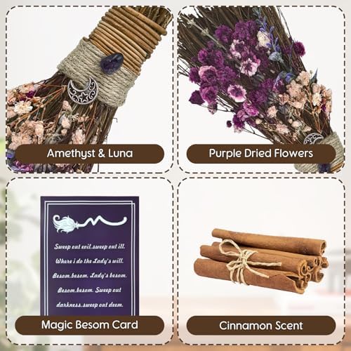 Cinnamon Broom 7.5 Inch Witch Broom for Altar Magic Crystal Handmade Mini Cinnamon Broomstick Scented Natural Herbal Protection Witchcraft Supplies for Wiccan Décor Witchy Gifts (Purple)