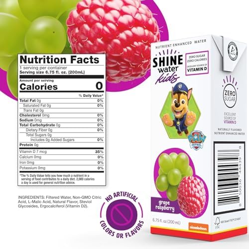 Shine Water x Paw Patrol Grape Raspberry Kids Juice Boxes with Vitamin D | No Added Sugar | Naturally Flavored Drinks for Kids | Vegan, Gluten Free, Zero Calorie Hydration | 32 Pack