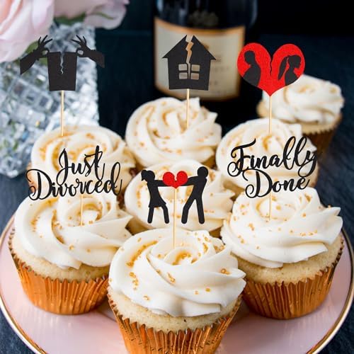 Arthsdite 24Pcs Divorce Cupcake Toppers Glitter Finally Done Just Divorced Cupcake Picks Break Up Theme Cake Decorations for Bye Freedom Bachelor Divorce Party Supplies