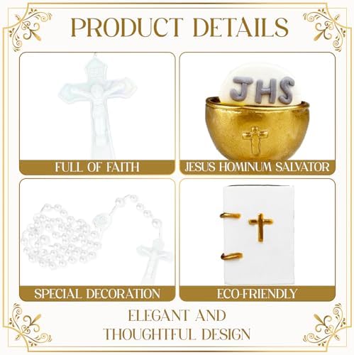 First Holy Communion Cake Decorating Kit, Plastic First Communion Cake Topper Set with Cross Rosary, Mini Bible, and Chalice for Elegant Celebration Accents, Religious Decor