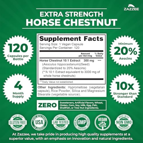 Zazzee Extra Strength Horse Chestnut 10:1 Extract, 20% Aescins, 120 Vegan Capsules, 4 Month Supply, Aesculus Hippocastanum, Healthy Circulation & Blood Flow Support, Non-GMO, Made in the USA
