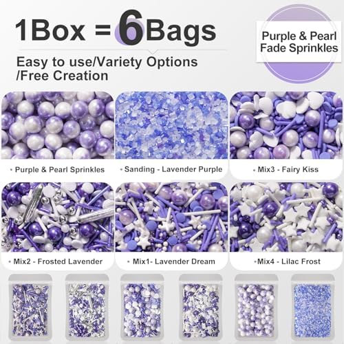 HUEBEATY® 6-in-1 Purple Sprinkles for Cake & Cupcake Decorating – 180g Edible Sanding Sugar & Pearl Sprinkles Mix for Birthday, Wedding, Unicorn & Mermaid Themes (Purple and Silver)