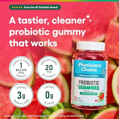 Physician's CHOICE Probiotic Gummies with Vitamin D & Prebiotic Fiber - Sugar Free - 1B CFUs of Clinically Studied Probiotic - Supports Immune & Gut Health for Women & Men - Watermelon Flavor - 90CT