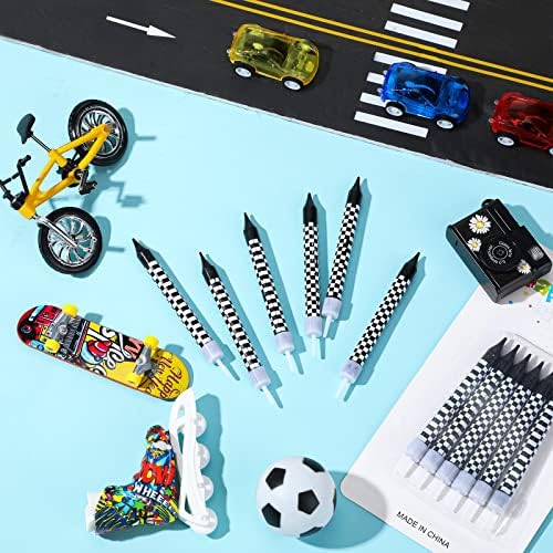 Cindeer 12 Pcs Racing Cars Themed Birthday Candles Black and White Checkered Flag Cupcake Topper for Racing Cars Party Decoration Baby Shower for Boys Children